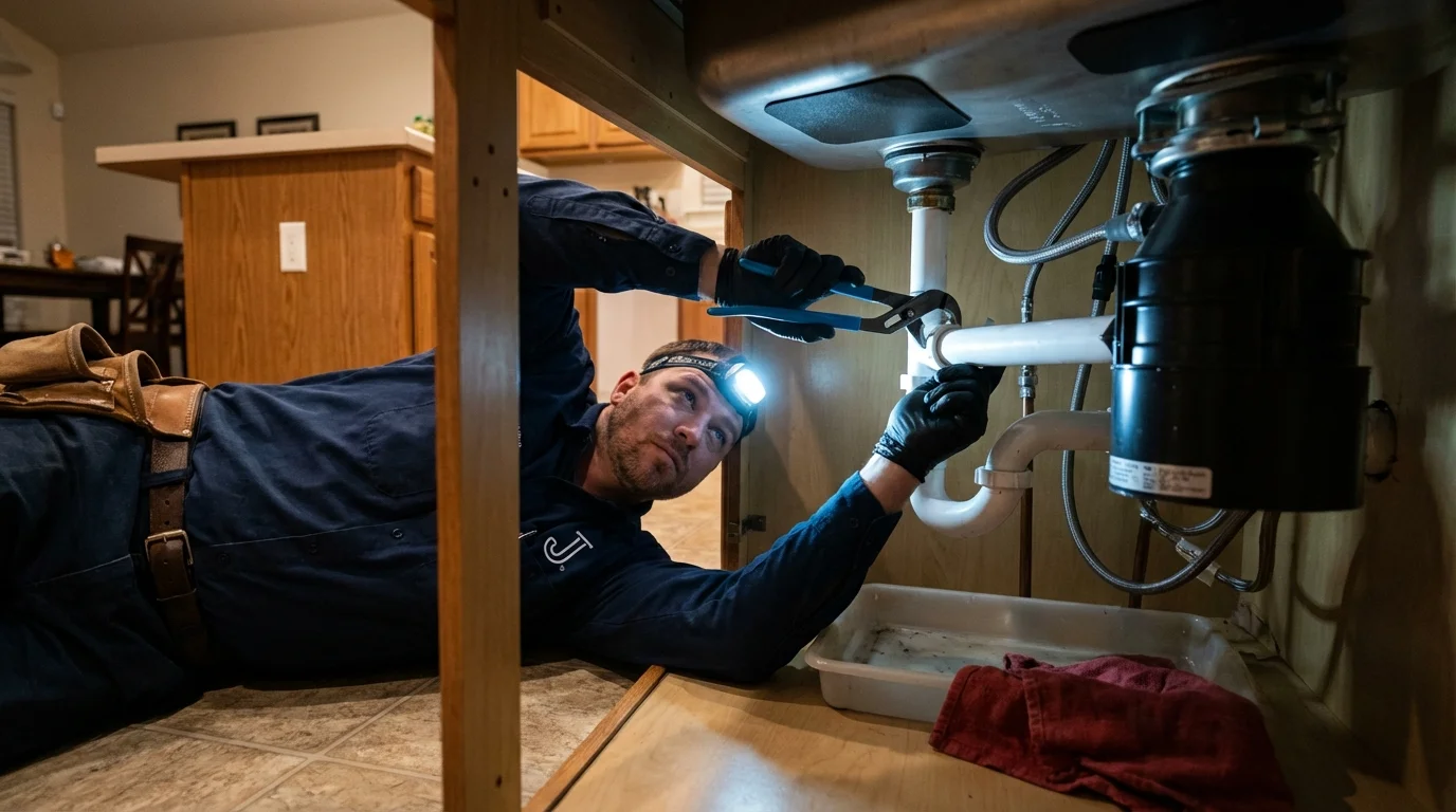 P-trap and supply line connections under a kitchen sink showing a common leak point in Springfield, CO
